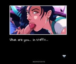 1boy 1girls animated car cheek_bulge cyberpunk cyberpunk_girl fellatio female neophitebyte oral original original_character pixel_animation pixel_art retro_artstyle shorter_than_10_seconds tagme traffic video