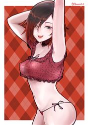 1girls areolae armpits bra breasts female female_only looking_at_viewer nipples panties pubic_hair ruby_rose rwby solo tinnies transparent_clothing