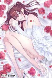 2.5_jigen_no_ririsa armpits ass_visible_through_thighs bare_legs bare_shoulders bare_thighs breasts brown_hair elbow_gloves feet gloves hashimoto_yuu high_heels long_hair long_legs lying manga official_art parted_lips skirt small_breasts smile tachibana_mikari thighs tiara toes twintails wedding_dress wedding_gloves white_gloves