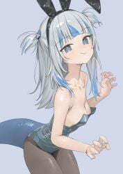 1girls bare_shoulders blue_eyes blue_hair blush bunny_ears bunnysuit female gawr_gura hairclip hololive hololive_english hololive_myth koyoyama light-skinned_female light_skin long_hair shark_girl shark_tail solo solo_female tail twintails two_tone_hair virtual_youtuber white_hair