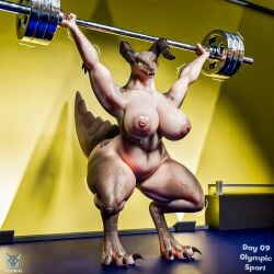 1:1 3d_(artwork) anthro areola ass big_breasts blender_(artwork) blender_cycles bodily_fluids breasts claws deadlift deathclaw digital_media_(artwork) dumbbell english_text exercise fallout female foxibiki genitals horn mammal microsoft nipples nude reptile scalie solo sweat sweaty_breasts sweaty_legs tail teeth text weightlifting weights workout yifftember25