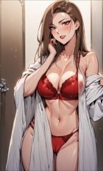 ai_art ai_generated bare_shoulder bathrobe blush bra breasts brown_eyes brown_hair brushing_hair cameltoe cleavage collarbone curvaceous_hips curvy_figure door female hi_res large_breasts lingerie looking_at_viewer manhwa navel panties parted_lips posing queen_bee_(manhwa) red_lingerie red_lipstick sexy_body stable_diffusion yoo_dali