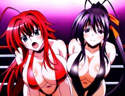 2girls ahoge ai_generated akeno_himejima antenna_hair big_breasts black_hair blush couple crimson_hair female_only fighting_ring hair_ribbon high_school_dxd light_skin open_mouth orange_ribbon ponytail rias_gremory sky_blue_eyes smile very_long_hair violet_eyes voluptuous yuri yuri