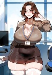 ai_generated ass ass_focus big_ass big_breasts big_butt big_thighs bleach brown_eyes brown_hair closed_mouth curvy curvy_female curvy_figure dijiai focus from_front_position front_view hand_in_hair hourglass_figure kurosaki_masaki looking_at_viewer looking_away looking_to_the_side masaki_kurosaki mommy nsfw office_lady pose round_ass round_butt shirt short_hair skindentation skirt smiling standing thiccwithaq_(ai_style) thick thick_ass thick_butt thick_legs thick_thighs thighhighs thighs wide_hips