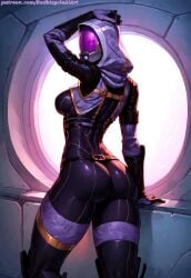 1girls ai_generated alien alien_girl alien_humanoid ass ass_focus athletic female fit helmet helmet_with_visor looking_at_viewer looking_back looking_back_at_viewer mass_effect medium_breasts muscular quarian redbisycle spacesuit standing tali'zorah_nar_rayya thick_thighs tight_clothing visor