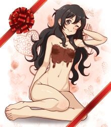 1girls ameku_takao ameku_takao_no_suiri_karte arm_up barefoot brown_eyes brown_hair chocolate chocolate_on_body chocolate_on_breasts closed_mouth completely_nude feet female_focus food_on_body full_body long_hair looking_at_viewer naked_chocolate navel nude one_eye_closed paid_reward_available smile solo valentine yon_senpai