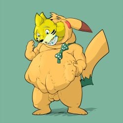 1:1 anthro balls belly big_belly blue_eyes bow_tie buizel duo flaccid foreskin fur generation_1_pokemon generation_4_pokemon genitals green_eyes hi_res male male/male nintendo open_mouth oral_vore orange_body orange_fur pandottermon penis pikachu pokemon pokemon_(species) prey_in_mouth same_size_vore shiny_pokemon simple_background vore yellow_body yellow_fur