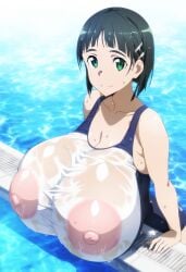 ai_generated black_hair blush cleavage erect_nipples erect_nipples_under_clothes green_eyes huge_breasts hyper_breasts kirigaya_suguha light-skinned_female light_skin looking_at_viewer maid_uniform massive_breasts mt_onizu nipples_visible_through_clothing one-piece_swimsuit see-through see-through_clothing short_hair smiling solo_female sweat sweatdrop sword_art_online thick_body thick_female voluptuous voluptuous_female wet