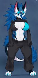 1girls 2025 3_toes absurd_res anthro big_breasts blue_body blue_eyes blue_fur blue_hair blue_tail bottomwear bra breasts buta99 canid canine canis claws clothed clothed_anthro clothed_female clothing countershade_torso countershading digital_media_(artwork) eyewear feet female female_anthro female_only front_view full-length_portrait full_body fur goggles hair inner_ear_fluff looking_aside looking_at_viewer mammal navel novabeast pants portrait simple_background solo standing tail toe_claws toes topwear tuft underwear wolf