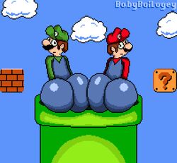 2boys ?_block ass ass_to_ass babyboilogey background big_ass brick_block bubble_butt butt clothed cloud color dat_ass digital_media_(artwork) gay girly hat hyper hyper_ass incest looking_at_viewer looking_back luigi male male/male male_only mario mario_(series) moustache nintendo pixel_art shiny_ass siblings sky stuck super_mario_bros. super_mario_bros._(nes) thick thick_thighs thin_waist warp_pipe watermark wide_hips