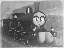 black_and_white grey_breasts grey_face locomotive makeup oc old_photograph steam_locomotive train