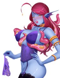 1girls 2019 big_breasts blue_skin booty_calls bra corset female female_only head_fins holding_panties licking_lips lingerie no_panties pearl_(booty_calls) pink_hair rings sea_witch solo stockings tagme tentacle tentacles yellow_eyes