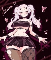 acidie animated big big_breasts black_background black_nails boob_window collar condom curvy curvy_figure ear_piercing elf frieren goth goth_girl green_eyes heart_symbol heart_tattoo pointed_ears seductive short_skirt skirt solo solo_female stockings thick white_hair wrist_cuffs