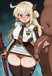 ai_assisted black_legwear black_thighhighs blonde_hair blush duel_monster female_pubic_hair green_eyes handjob hiita_(hitta_99) holding_penis holding_weapon huge_cock pubic_hair sky_striker_ace_raye smug smug_smile sword thick_thighs thighhighs tie two-tone_dress veiny_penis yu-gi-oh!