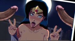 black_hair blue_eyes dc dc_comics dick peace_sign tongue tongue_out white_skin wonder_woman