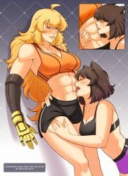 2girls black_hair blonde_hair licking_abs muscular_female rwby yang_xiao_long yellow_nicky_(artist)