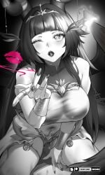 ally_kirser bare_shoulders blunt_bangs blush bracelet breasts cleavage dress female greyscale jewelry kiddycorky large_breasts long_hair looking_at_viewer midriff monochrome multicolored_hair nail_polish navel one_eye_closed open_mouth ring sitting solo spot_color sweat teeth thighs very_long_hair virtual_youtuber wings