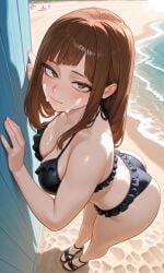 against_wall ai_generated ass ass_out bangs bent_over big_breasts bikini bikini_bottom bikini_top brown_eyes brown_hair cum cum_on_face demon_slayer hands_against_wall kimetsu_no_yaiba long_hair looking_at_viewer looking_up mizuki_hoshizora my_hero_academia original_character pale_skin public