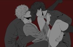 3boys blush bottomless censored class_3-z cling clinging coolchansenp gakuran gay gintama gintoki_sakata hijikata_toshiro implied_anal implied_sex male male_only mmm_threesome mosaic_censoring no_visible_genitalia profile red_background school_uniform side_view sweat takasugi_shinsuke teacher teacher_and_student threesome yaoi