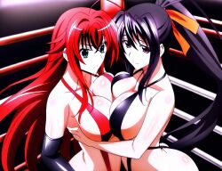 ahoge ai_generated akeno_himejima antenna_hair big_ass big_breasts black_hair breasts_pressed_against_another breasts_to_breasts crimson_hair curvy fighting_ring hair_rings high_school_dxd light_skin orange_ribbon ponytail pressing_breasts_together rias_gremory sky_blue_eyes symmetrical_docking very_long_hair violet_eyes voluptuous