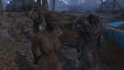 1girls 2boys 3d arms_behind_back bald bald_female bound_wrists clothed_male_nude_female collar completely_nude completely_nude_female deviousdesire fallout_4 game_screenshot gun nude nude_female only_one_naked slave_collar weapon