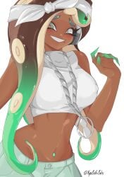 1girls dark-skinned_female female female_focus female_only kyocallscats marina_(splatoon) nintendo nipples_visible_through_clothing octoling off_the_hook_(splatoon) splatoon splatoon_(series) splatoon_2 splatoon_2:_octo_expansion twitter_username watermark white_background