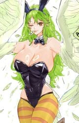 1girls artist_name big_breasts bird_legs bowtie breasts bunny_ears bunny_girl bunny_tail bunnysuit cleavage curvaceous curvy curvy_female curvy_figure detached_collar fake_animal_ears fake_bunny_ears fake_bunny_tail feathered_wings feathers female female_focus female_only fit fit_female green_hair hairband harpy harpy_girl hourglass_figure huge_breasts large_breasts light-skinned_female light_skin long_hair looking_at_viewer monet_(one_piece) one_eye_closed one_piece sc_scandium simple_background slim_waist solo thick_thighs thighs thin_waist white_background wide_hips winged_arms yellow_eyes