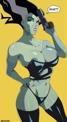 1girl 1girls 2025 areola areola_slip areolae areolae_slip artist_name artist_signature big_breasts black_hair black_hair_female black_panties black_thigh_highs black_thighhighs breasts bride_of_frankenstein creature_commandos dc dc_comics dcu dcu_(studios) digital_media_(artwork) eyelashes female female_focus female_only female_solo gun hair hand_on_hip hi_res holding_gun holding_object legwear lipstick looking_at_viewer monke_brush monster monster_girl nail_polish nipple_slip nipples painted_nails panties red_eyes red_lipstick red_nails simple_background solo solo_female solo_focus speech_bubble stitched_face the_bride the_bride_(creature_commandos) thick_thighs thigh_highs thighhighs thighs two_tone_hair underwear white_hair wide_hips yellow_background zombie zombie_girl