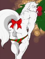 accessory anthro anus balls bow_ribbon clothing equid equine fur furgonomics genitals hi_res horse looking_at_another looking_at_viewer looking_back looking_back_at_another male mammal mistletoe pandottermon perineum plant puckered_anus puffy_anus raised_tail rear_view red_bow_ribbon ribbons smile solo tail tail_accessory tail_bow tail_ribbon undressing white_body white_fur