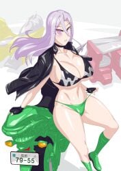 black_bikini black_bikini_top black_gloves black_jacket boots fuuto_pi gloves green_bikini green_bikini_bottom green_boots green_legwear jacket kamen_rider kamen_rider_w long_hair motor_vehicle motorcycle otokam1117 tokime vehicle watermark white_eyes white_hair