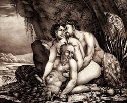 1girls 2boys anal_penetration anal_sex big_butt drunk erect_nipples erection female fictional_interracial goatee handjob holding_penis hooves horns human imminent_kiss interspecies knees_apart_feet_together male mature_male orgy penis reach_around satyr sex thick_lips threesome