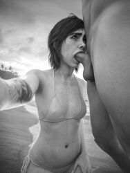 1boy 1girls 3d bikini blowjob brown_hair ellie_(the_last_of_us) ellie_williams fellatio female female_focus greyscale male monochrome nudumart penis selfie skinny small_breasts tagme the_last_of_us the_last_of_us_2