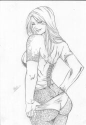 ass black_and_white daniele_torres dat_ass diamond diamond_(gem) diamond_form dimples_of_venus emma_frost female hellfire_club marvel marvel_comics pinup pulling_panties_down traditional_art traditional_media_(artwork) undressing white_queen x-men