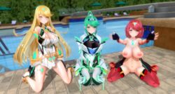 3d 3girls absurdres alternate_costume armor arms_behind_back arms_up bangs bare_legs blur blurry blurry_background blush boots breasts bush chair cleavage cleavage_cutout closed_mouth core_crystal covered_navel custom_maid_3d_2 dress earrings elbow_gloves eyebrows_visible_through_hair female_focus fingerless_gloves fingernails full_body gem glass gloves green_eyes hair_ornament hairband headpiece high_heels high_ponytail highres jewelry large_breasts long_hair long_sleeves looking_at_viewer matching_hair/eyes mosaic multiple_girls multiple_persona mythra_(xenoblade) naughty_face navel nintendo nude pervert pneuma_(xenoblade) pool pussy pyra_(xenoblade) red_eyes red_hair sagging_breasts see-through shirt short_hair short_sleeves shoulder_armor sidelocks silver_nails simple_background sitting skirt smile spoilers swept_bangs tiara triple_persona umbrella watch water wedge_heels white_dress xenoblade_(series) xenoblade_chronicles_2 yellow_eyes