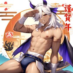 1boy ai_generated bulge bulge_through_clothing cyno_(genshin_impact) dragon_boy dragon_horns dragon_tail dragon_wings gay genshin_impact male male_focus shirtless solo solo_male toned_male white_hair wings yaoi