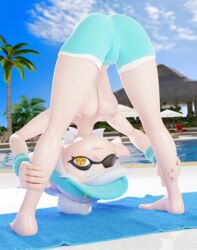 3d blender breasts exercise feet inkling large_breasts looking_at_viewer marie_(splatoon) marie_(wo262) nintendo pool poolside sky sleepykeeper smile splatoon squid_sisters sweat sweatband sweaty topless towel upside-down water wet wink winking yoga