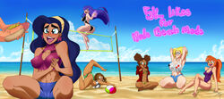 6girls barbara_gordon barbara_gordon_(shg) batman_(series) beach bikini brown_hair cameltoe dark-skinned_female dc_comics dc_super_hero_girls diana_prince diana_prince_(shg) female female_focus green_eyes green_lantern_(series) hot_dog_bun imminent_oral jessica_cruz jessica_cruz_(shg) jonakazuo kara_danvers kara_danvers_(shg) kara_zor-el karen_beecher karen_beecher_(shg) long_hair multiple_girls oral painted_clothes partial_male penis spread_legs star_earrings superman_(series) swimsuit vagina volleyball volleyball_net wonder_woman wonder_woman_(series) zee_zatara