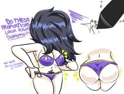 1girls annoyed ass bikini black_hair breasts english_text female_pubic_hair hair_over_eyes large_breasts long_hair multiple_views mysaltisexposed natsuko_hirose navel pubic_hair pubic_hair_peek purple_bikini sketching standing stylus swimsuit thong_bikini unshaved_pussy white_background zenshu