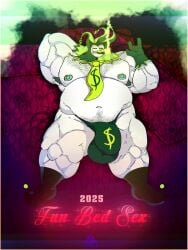 2025 3:4 armpit_hair bed belly big_belly big_muscles big_penis body_hair bulge cigar cigar_in_mouth clothed clothing colored currency_symbol demon detailed_bulge devil_horns_(gesture) digital_drawing_(artwork) digital_media_(artwork) dollar_sign english_text footwear freddynsfwgay furniture genitals gesture gloves green_clothing green_eyes green_gloves green_handwear green_headwear green_necktie green_nipples green_smoke green_speedo green_swimwear green_teeth grin half-closed_eyes hand_gesture handwear headgear headwear helluva_boss hi_res humanoid lying lying_on_bed male mammon_(helluva_boss) musclegut muscular narrowed_eyes navel necktie nipples object_in_mouth on_back on_bed penis shaded signature smile smoke smoking smoking_cigar socks solo speedo swimwear symbol teeth text topless white_body