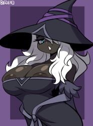 bigdeadalive blue_eyes charcoal_skin elden_ring elden_ring_nightreign huge_breasts nipple_peek nipples recluse_(nightreign) tagme white_hair witch witch_hat