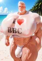 1boy ai ai_generated bara bara_tiddies bara_tits beach big_ass big_breasts big_bulge big_butt big_pecs busty dad daddy dilf huge_ass huge_breasts huge_butt huge_chest huge_pecs mature mature_male mature_man mr._sullivan_(rokuworshiper) rokudenashi_(style) rokuworshiper speedo thong white_hair