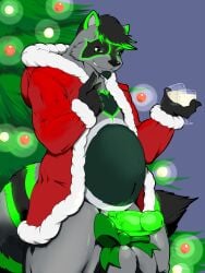 anthro balls belly big_balls big_penis christmas christmas_tree eggnog erection fur genitals glowing glowing_body glowing_fur glowing_genitalia glowing_penis green_body green_bow_ribbon green_eyes green_fur green_glow green_penis grey_body grey_fur hi_res holidays huge_balls humanoid_genitalia humanoid_penis male mammal pandottermon penis plant procyonid raccoon red_christmas_ornament santa_coat solo tree vein veiny_penis white_christmas_ornament