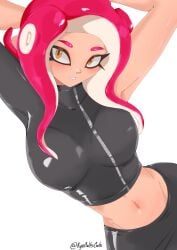 1girls absurdres agent_8_(octo_expansion) agent_8_(splatoon) arms_up artist_name black_skirt breasts commentary english_commentary highres kyocallscats large_breasts looking_at_viewer navel nintendo octoling octoling_girl octoling_player_character simple_background skirt solo splatoon splatoon_2 splatoon_2:_octo_expansion tentacle_hair twitter_username white_background