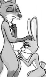 animal_genitalia ball_grab balls black_and_white bluedouble canid canine closed_eyes disney duo female fox gloves_(marking) greyscale hi_res judy_hopps kneeling lagomorph leporid male mammal markings monochrome nick_wilde nude rabbit red_fox sheath simple_background smile standing straight white_background zootopia