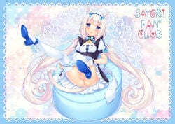 1girls :o animal_ears anus bell_collar blue_eyes blue_panties blush boots bow_tie cat_ears catgirl clothing female female_only full_body headband knees_up legs_up legwear looking_at_viewer maid_uniform nekopara open_mouth panties_around_legs pillow pussy sayori sitting skirt small_breasts solo spread_legs tail text uncensored vanilla_(sayori) white_hair white_skin white_socks