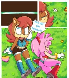 2girls amy_rose ass brown_fur brown_hair comic dialogue dress exposed_ass female female_only half-closed_eyes hearlesssoul panties pink_fur pink_hair sally_acorn sega shorts sitting sleeping sonic_(series) sonic_the_hedgehog_(archie) sonic_the_hedgehog_(comics) underwear vest