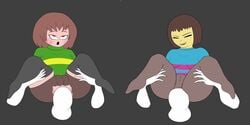 2girls ahe_gao anal anal_penetration anal_sex anal_through_clothes chara clothing_skin edit frisk penis scarecorrode through_clothes undertale