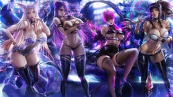 16:9_aspect_ratio 4girls ahri akali alternate_breast_size alternative_costume bow breasts evelynn female female_only hair_ornament hairbow high_resolution hourglass_figure k/da_ahri k/da_akali k/da_evelynn k/da_kai'sa k/da_series kai'sa large_breasts league_of_legends long_hair multiple_girls ponytail sakimichan strapless strapless_leotard strapless_top strapless_topwear tied_hair tubetop very_high_resolution