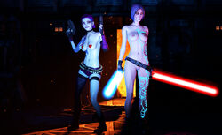 3d borderlands borderlands_2 crossover gun jinx_(league_of_legends) league_of_legends lenaid lightsaber maya_(borderlands) nipples