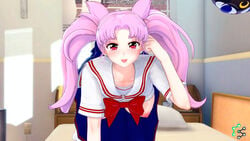 3d aged_up bed bedroom bent_over bishoujo_senshi_sailor_moon bow breasts breasts_out cg chibi_usa clothing earrings exposed_breasts female female_only hanging_breasts large_breasts long_hair luna-p nipples nyahoi_sakura on_bed pink_hair red_eyes school_uniform schoolgirl seductive skirt solo tongue tongue_out